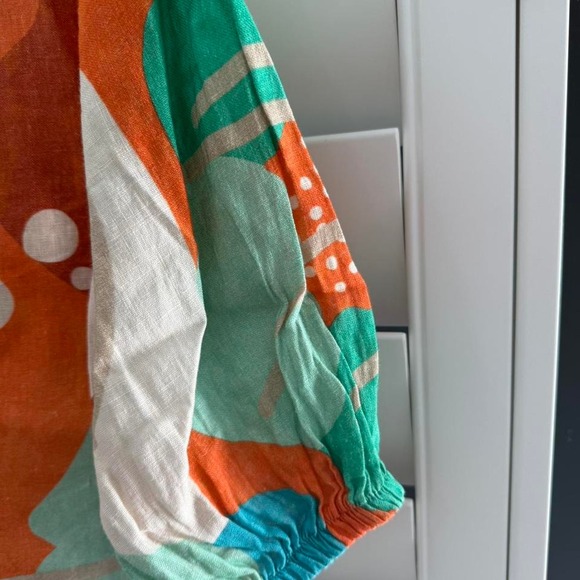 Women's blouse Orange and green linen tie-front top - Picture 6 of 8